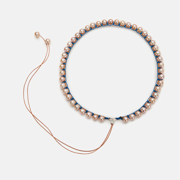 Limited Edition! Embroidered superstar white colored "for you" necklace with pink freshwater pearls 7-7.5mm with camel and ocean blue cord