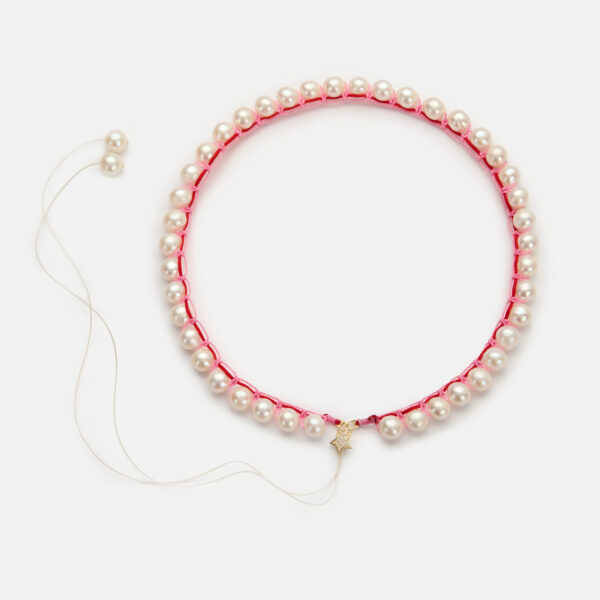 Embroidered large superstar gold colored "pulse" necklace with white freshwater pearls 8-8.5mm with red and pink cord