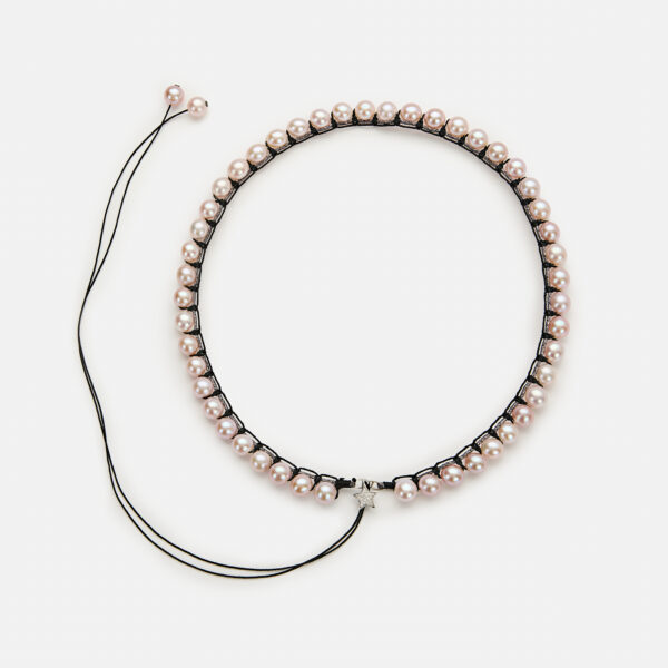 Limited Edition!  Embroidered large superstar white colored "midnight light" necklace with pink freshwater pearls 7-7.5mm with black sparkly and black cord