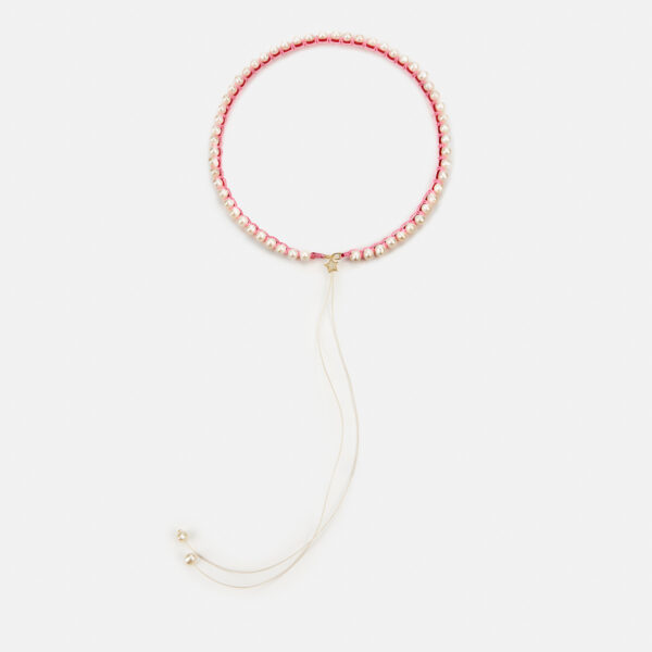 Embroidered superstar gold colored "pulse" necklace with white freshwater pearls 5.5-6mm with red and pink cord