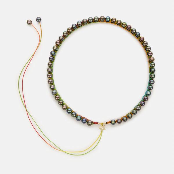 Limited Edition! Embroidered superstar gold colored "reborn shadow" necklace with dark grey freshwater pearls 5.5-6mm with black and rainbow cord