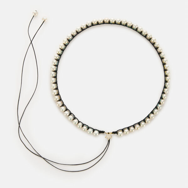 Special Edition!  Embroidered large superstar gold colored "stardust" necklace with white freshwater pearls 5.5-6mm with rainbow sparkly and black cord