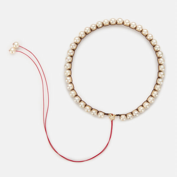 Embroidered large superstar gold colored "attraction" necklace with white freshwater pearls 8-8.5mm with beige and brown cord