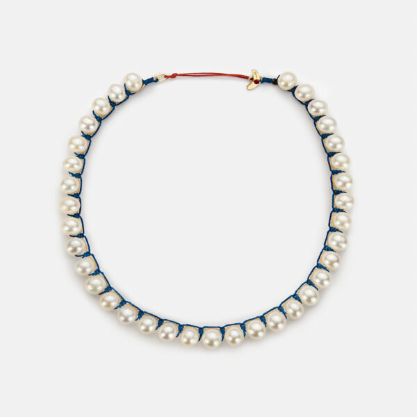 Embroidered moon gold colored "ocean" choker with white freshwater pearls 8-8.5mm with ocean blue cord