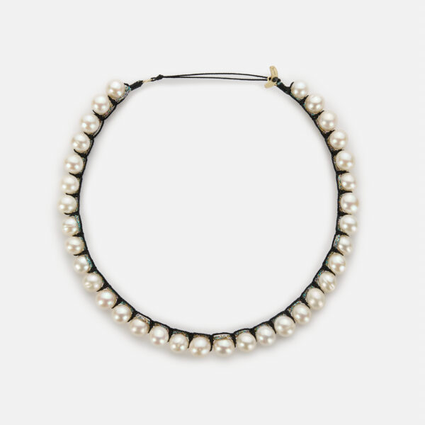 Special Edition! Embroidered moon gold colored "stardust" choker with white freshwater pearls 8-8.5mm with rainbow sparkly and black cord