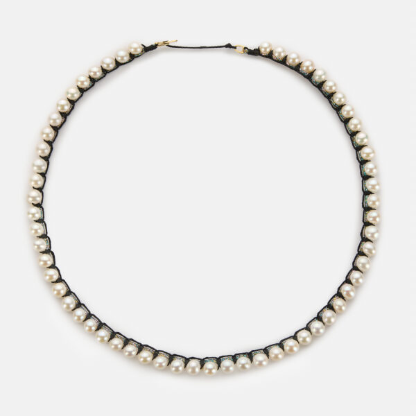 Special Edition! Embroidered moon gold colored "stardust" necklace with white freshwater pearls 5.5-6mm with rainbow sparkly and black cord