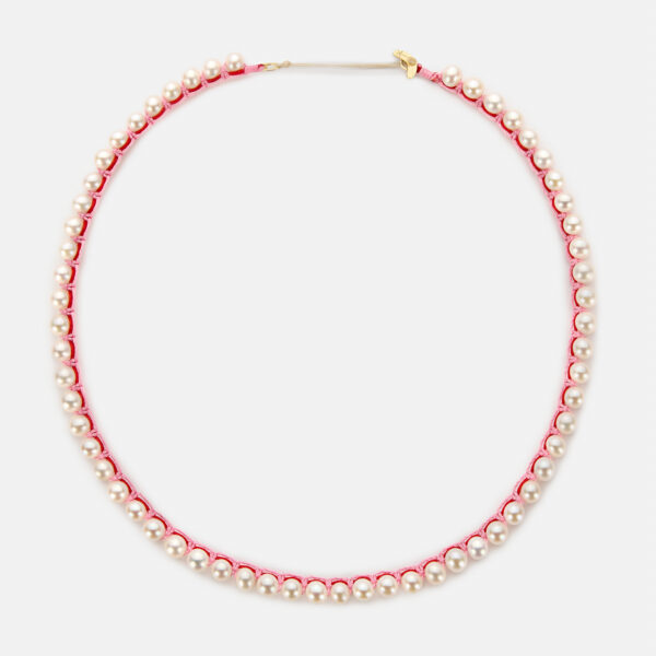 Embroidered moon gold colored "pulse" necklace with white freshwater pearls 5.5-6mm with red and pink cord