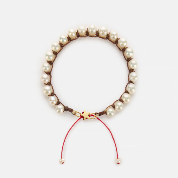 Embroidered star gold colored "attraction" bracelet with white freshwater pearls 5.5-6mm with beige and brown cord