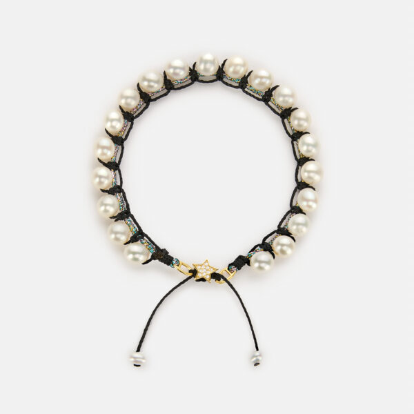 Special Edition!  Embroidered superstar gold colored "stardust" bracelet with white freshwater pearls 5.5-6mm with rainbow sparkly and black cord