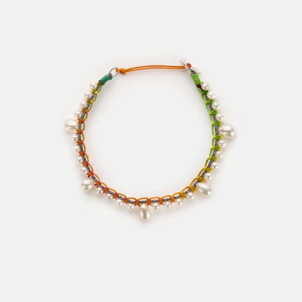Special Edition! Embroidered moon white colored "euphoria" bracelet with white freshwater pearls 3.5-4.5mm and drop pearls with black sparkly and rainbow cord