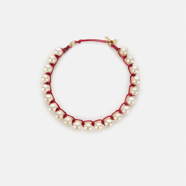 Embroidered moon gold colored "heartbeat" bracelet with white freshwater pearls 5.5-6mm with beige and dark red cord