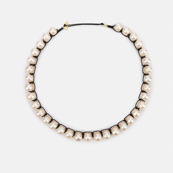 Embroidered moon gold colored "frame" choker with white freshwater pearls 8-8.5mm with beige and black cord