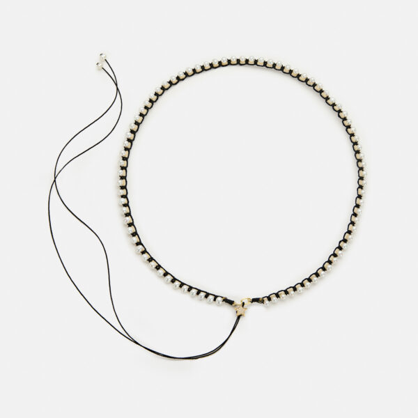 Embroidered superstar gold colored "frame" necklace with white freshwater pearls 3.5-4.5mm with beige and black cord