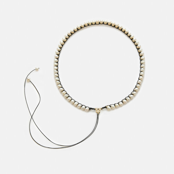 Embroidered superstar gold colored "frame" necklace with white freshwater pearls 5.5-6mm with beige and black cord