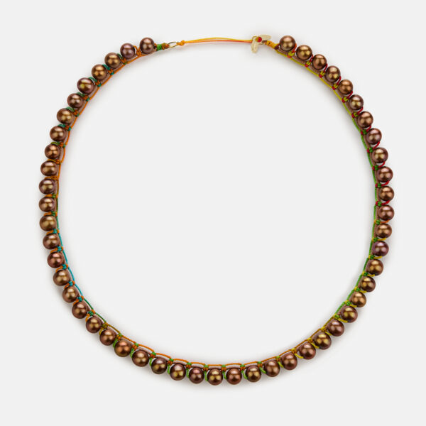 Limited Edition!  Embroidered moon gold colored "truth" necklace with chocolate freshwater pearls 6-6.5mm with light brown and rainbow cord