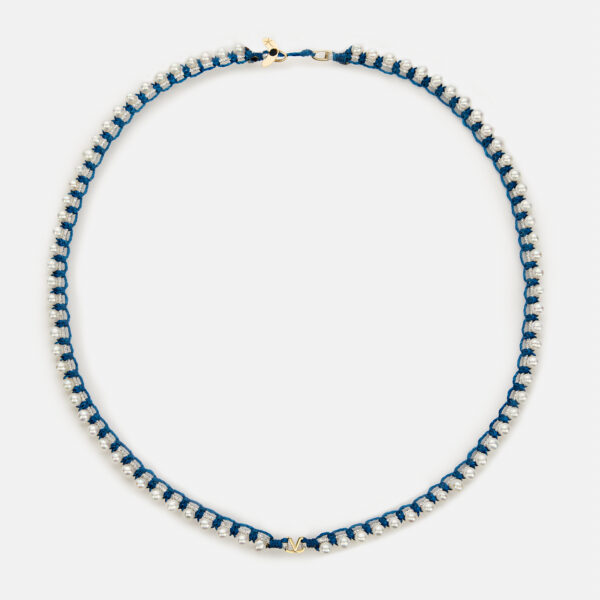 Embroidered Gold 9k “wonder” Necklace And Pearls 3,5-4,5mm with silver sparkly and ocean blue cord