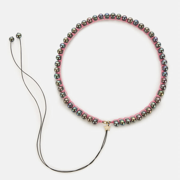 Limited Edition! Embroidered large superstar gold colored "Spirit" necklace with dark grey freshwater pearls 5.5-6mm with black sparkly and pink cord