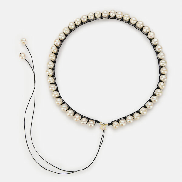 Special Edition! Embroidered large superstar gold colored "cosmic dust" necklace with white freshwater pearls 8-8.5mm with black sparkly and black cord