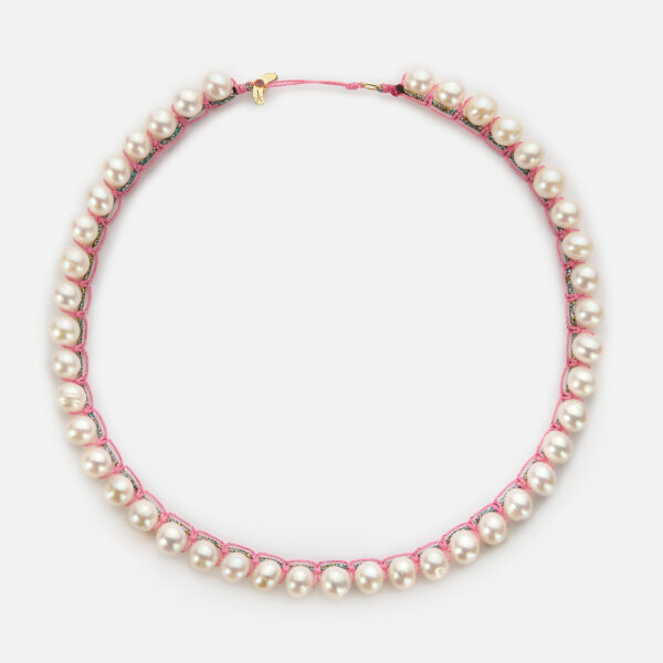 Special Edition! Embroidered moon gold colored "Glory" necklace with white freshwater pearls 8-8.5mm with rainbow sparkly and pink cord