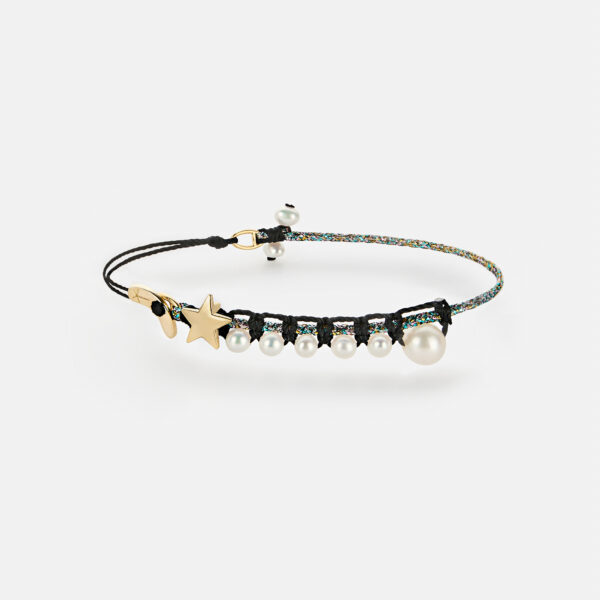 Holiday Edition! Embroidered star & moon "charm" bracelet with 5.5-6 mm and 3.5-4.5mm freshwater pearls  with rainbow sparkly and black cord