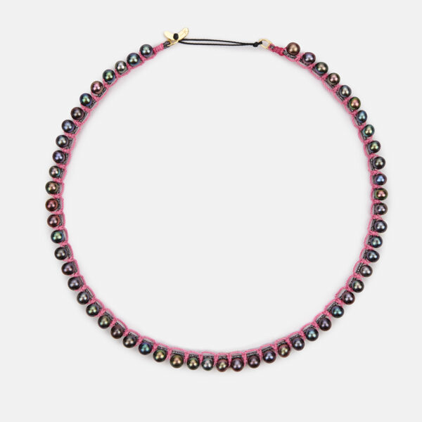 Limited Edition! Embroidered moon gold colored "Spirit" necklace with dark grey freshwater pearls 5mm in black sparkly and pink cord