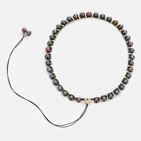 Limited Edition! Lunar Orbit embroidered large superstar gold colored necklace with platinum grey freshwater pearls 7-7.5mm, inspired from rockstars