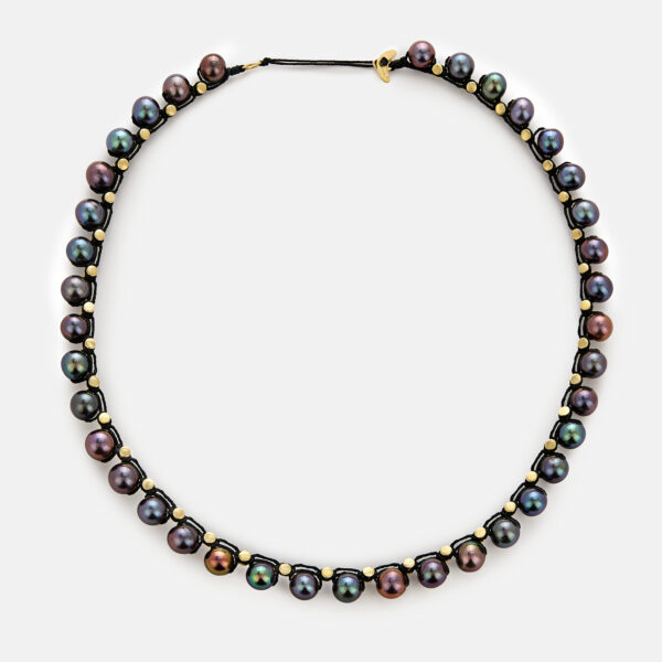 Limited Edition! Lunar Orbit embroidered moon gold colored necklace with platinum grey freshwater pearls 7-7.5mm, inspired from rockstars