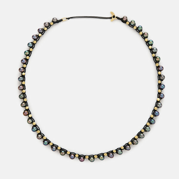 Limited Edition! Lunar Orbit embroidered moon gold colored necklace with platinum grey freshwater pearls 5-5.5mm, inspired from rockstars