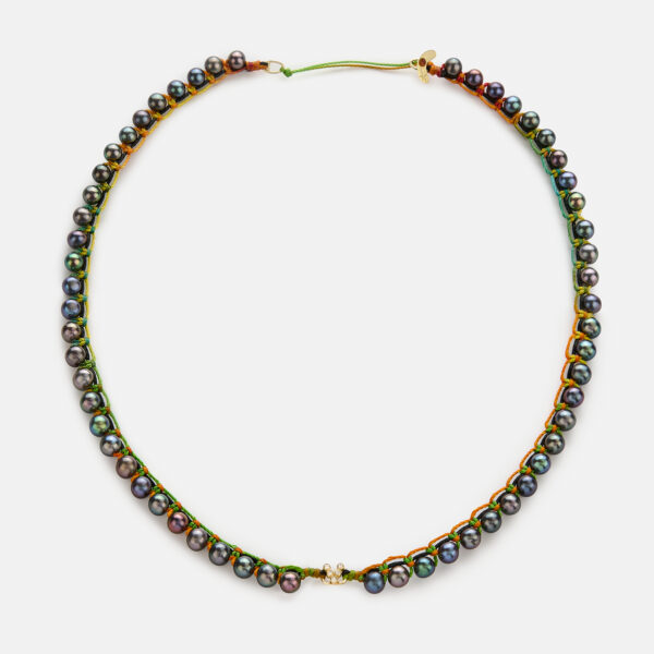 Embroidered moon gold 9k “sweet mirage” necklace with v with white diamonds and dark grey freshwater pearls 4.5-5mm in black and rainbow cord