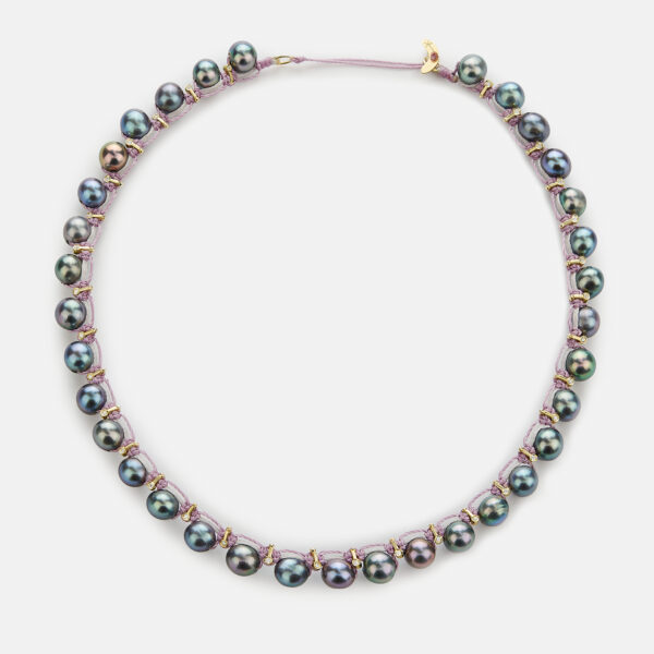 Embroidered moon gold colored "infinite bloom" necklace with grey freshwater pearls 7-7.5mm and zircon in ivory and lilac cord