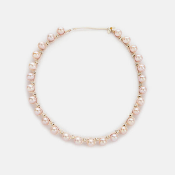 Embroidered moon white colored “promise” choker with pink freshwater pearls 8-8.5mm and zircon in powder pink and ivory cord