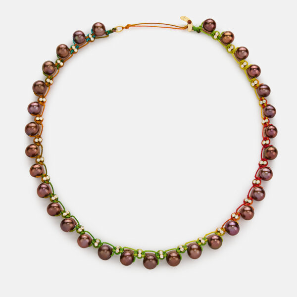 Embroidered moon gold colored “essence orbit” necklace with chocolate freshwater pearls 7-7.5mm and zircon in camel and rainbow cord