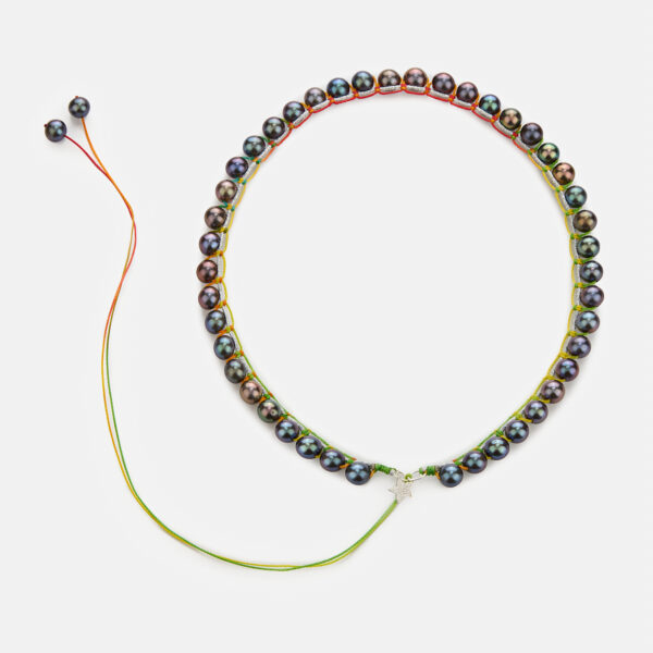Embroidered large superstar white colored “fantasy” necklace with grey freshwater pearls 7-7.5mm in silver sparkly and rainbow cord