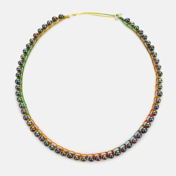 Embroidered moon white colored “fantasy” necklace with grey freshwater pearls 4.5-5mm in silver sparkly and rainbow cord