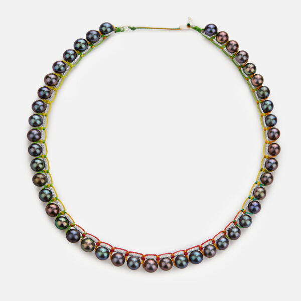 Embroidered moon white colored “fantasy” necklace with grey freshwater pearls 7-7.5mm in silver sparkly and rainbow cord