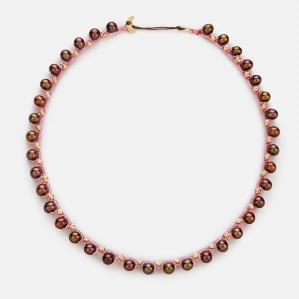 Limited Edition! Embroidered moon gold colored “candy eclipse” necklace with chocolate freshwater pearls 5.5mm and zircon in camel and pink cord
