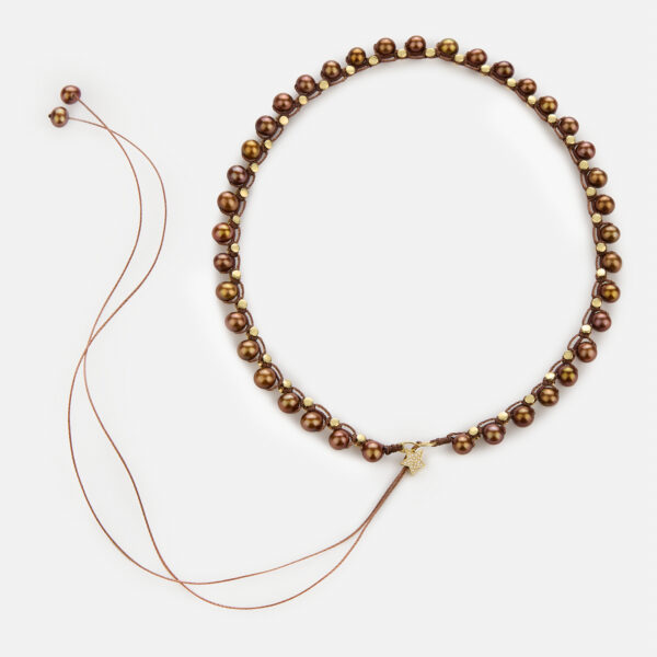 Limited Edition! Embroidered large superstar gold colored “lunar orbit” necklace with chocolate freshwater pearls 6-6.5mm in brown cord