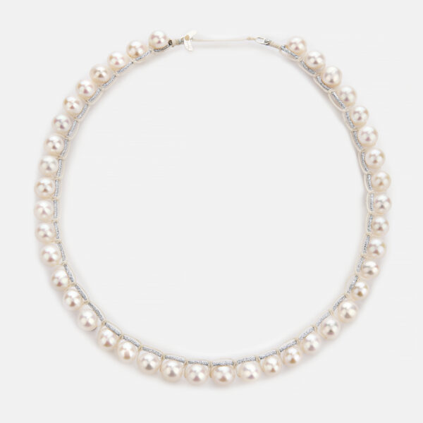 Embroidered moon white colored “white flame” necklace with white freshwater pearls 8-8.5mm in silver sparkly and ivory cord