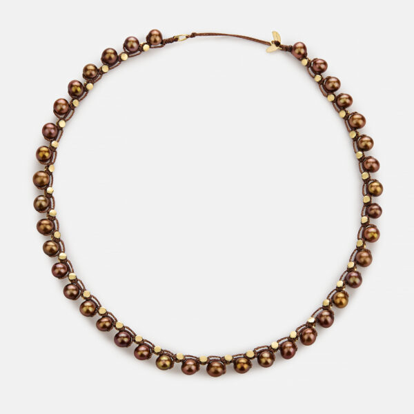 Limited Edition! Embroidered moon gold colored “lunar orbit” necklace with chocolate freshwater pearls 6-6.5mm in brown cord