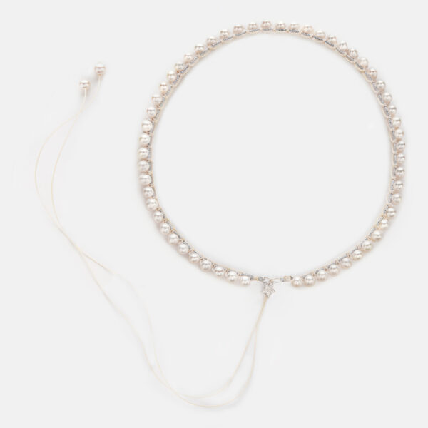 Embroidered large superstar white colored “white flame” necklace with white freshwater pearls 5.5-6mm in silver sparkly and ivory cord