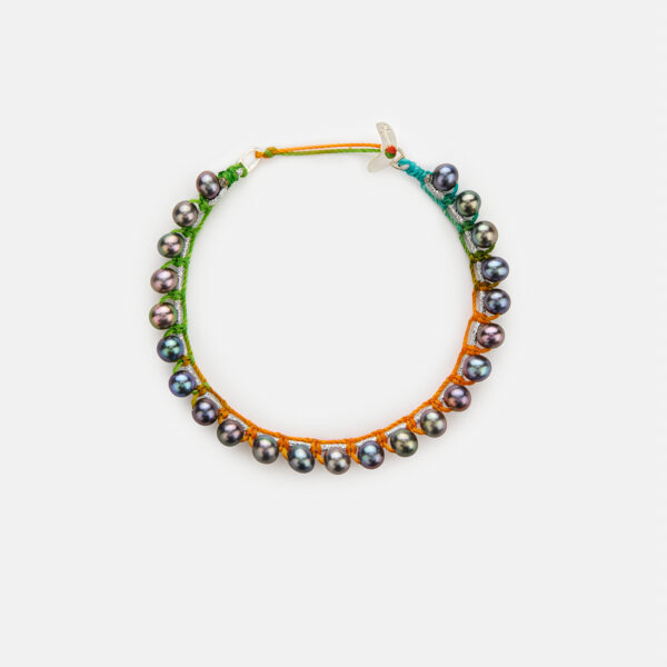 Embroidered moon white colored “fantasy” bracelet with grey freshwater pearls 4.5-5mm in silver sparkly and rainbow cord