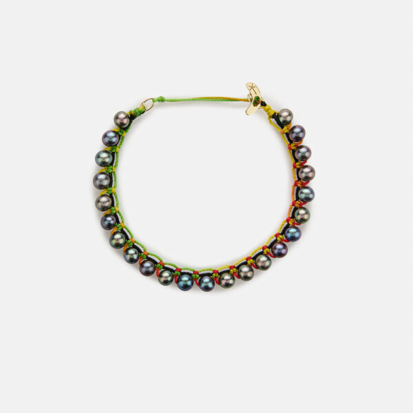 Embroidered moon gold 9k “miracle” bracelet  with dark grey freshwater pearls 4.5-5mm in black and rainbow cord