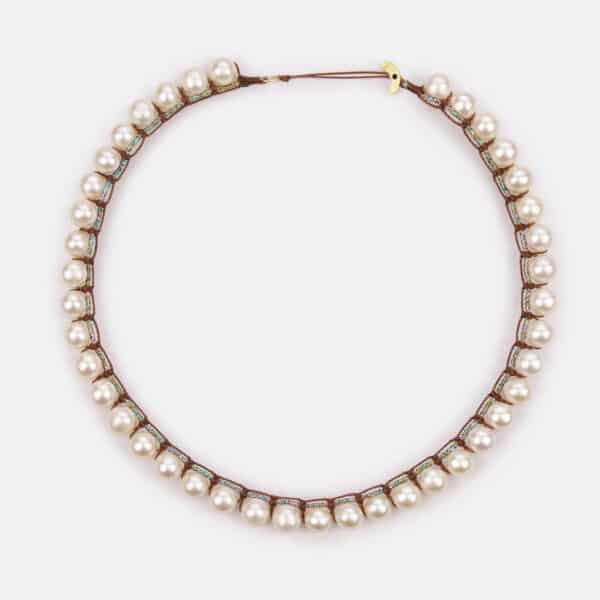 Special Edition! Embroidered moon gold colored "stardust" necklace with white freshwater pearls 8-8.5mm in rainbow sparkly and brown cord