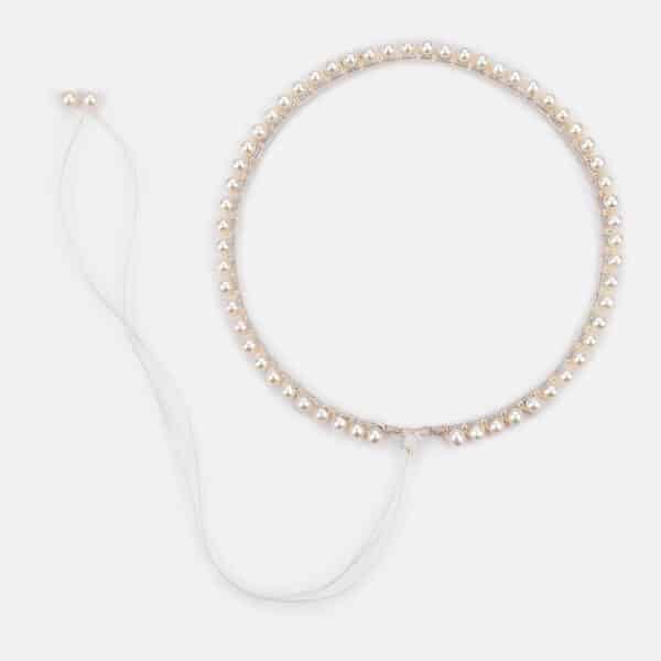 Embroidered large superstar white colored "white flame" necklace with white freshwater pearls 5.5-6mm in silver sparkly and beige cord