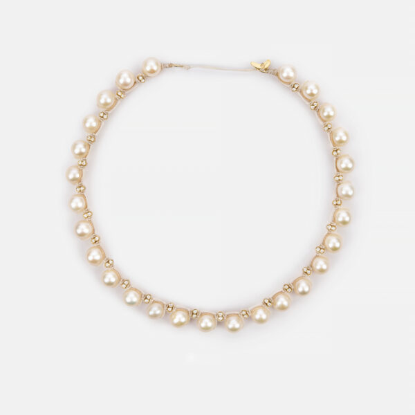 Embroidered moon white colored “golden yes” choker with white freshwater pearls 8-8.5mm in beige and ivory cord and zircon