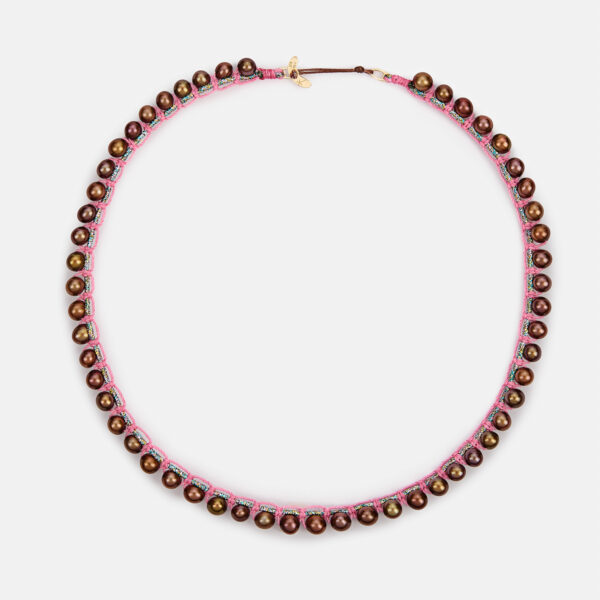 Embroidered moon gold 9k “blush pulse” necklace with chocolate freshwater pearls 4.5-5mm in silver sparkly and dark pink cord