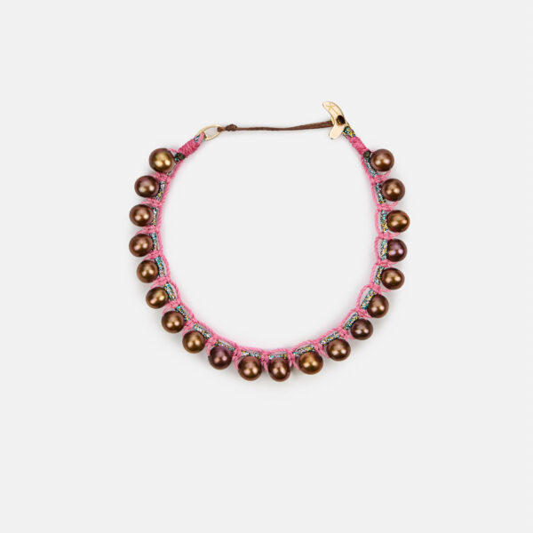 Embroidered moon gold 9k “blush pulse” bracelet with chocolate freshwater pearls 4.5-5mm in silver sparkly and dark pink cord