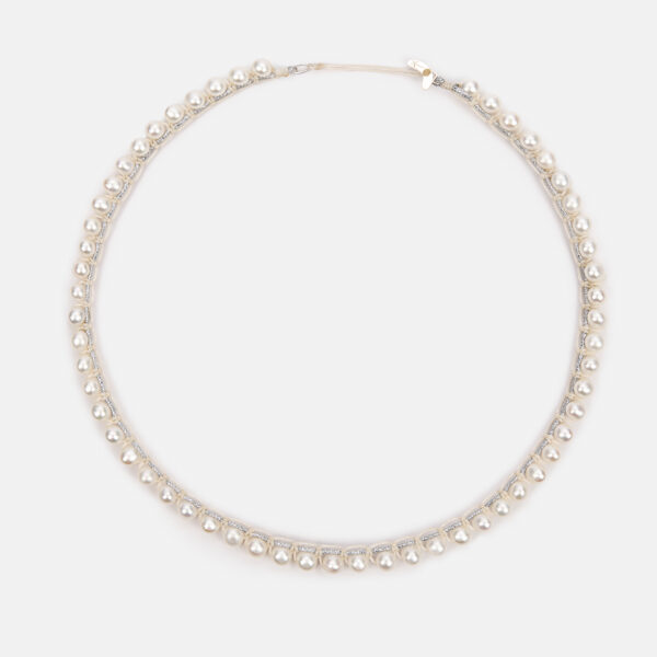 Embroidered moon white colored “white flame” necklace with white freshwater pearls 5.5-6mm in silver sparkly and ivory cord