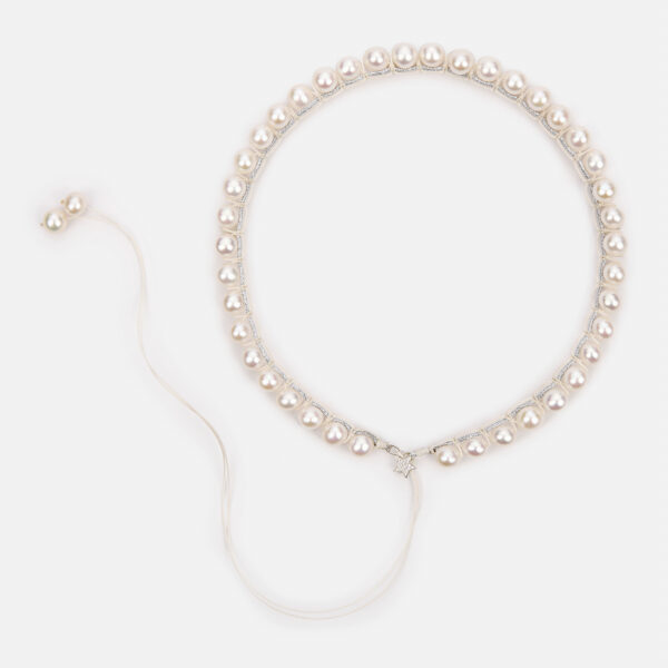 Embroidered large superstar white colored “white flame” necklace with white freshwater pearls 8-8.5mm in silver sparkly and ivory cord