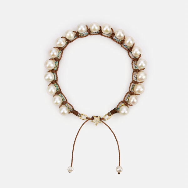 Special Edition!  Embroidered superstar gold colored "stardust" bracelet with white freshwater pearls 5.5-6mm in rainbow sparkly and brown cord